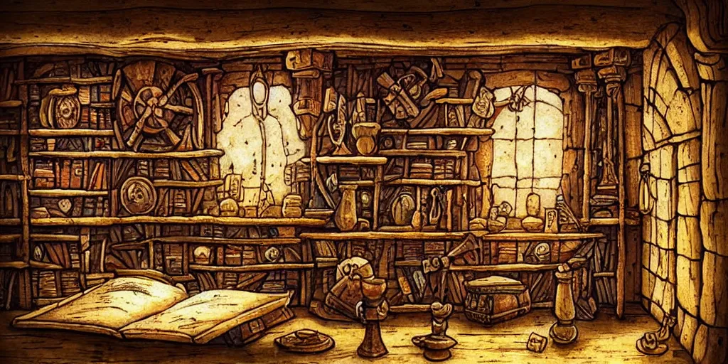 Prompt: medieval fantasy interior room, codex open books : : ancient scrolls maps artifacts : : wooden desk shelves glass flasks bottles candle : : wooden floor : : open window, moonlit night : : colorful intricately detailed finely textured : : style by studio ghibli films