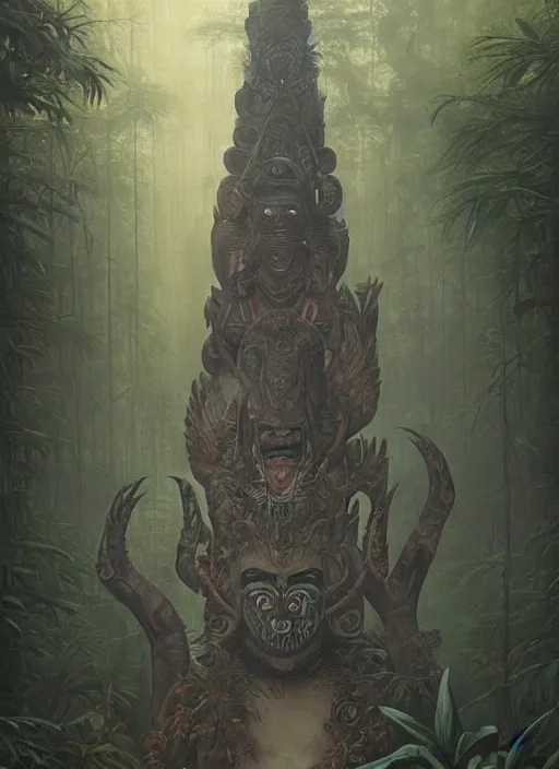 Prompt: a totem in the jungle surrounded by mist, swith faces of ancestors in the mask wearing tribal masks, hyper detailed, art by christophe vacher