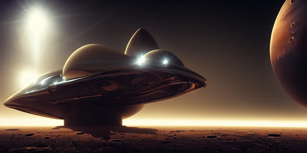 Image similar to Majestic Chrome Spaceship docked at base on Mars, fog, rain, volumetric lighting, beautiful, golden hour, sharp focus, ultra detailed, cgsociety