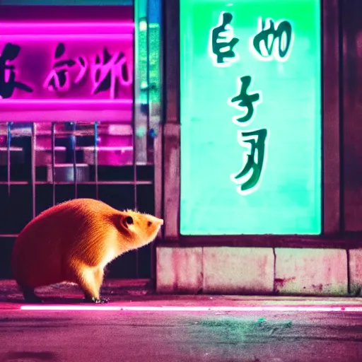 Image similar to capybara drinking bubble tea in cyberpunk, neon, pink and cyan seoul, detailed, street photography