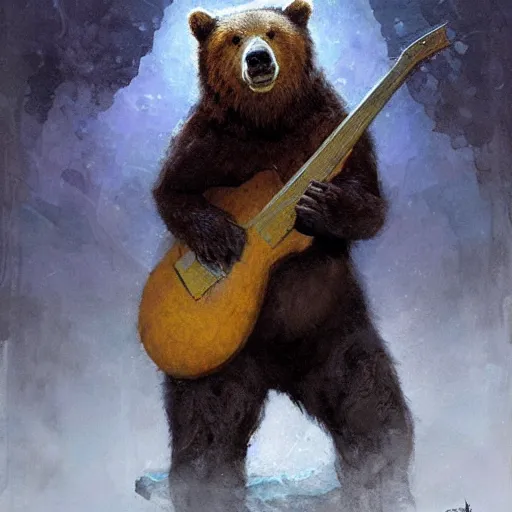 Image similar to realistic bear playing angular guitar, fantasy character portrait by Greg Rutkowski, Craig Mullins, Gaston Bussiere