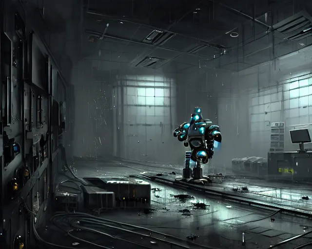 Image similar to robo in gloomy ruined server room in datacenter robot painting concept art of automata rusty steel robot knight colossus welder pacing mono eyed, sharp focus, emitting diodes, smoke, artillery, sparks, racks, motherboard, by pascal blanche rutkowski repin artstation hyperrealism detailed matte painting, 4 k resolution blade runner