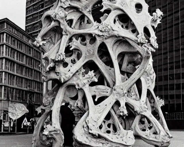 Image similar to by francis bacon, vivian maier, mystical photography evocative. an intricate fractal concrete and steel carved sculpture of the secret faces of god and a pile of bones, standing in a city center.