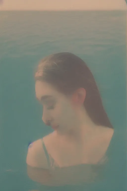 Image similar to a beautiful woman's face in the water, serene emotion, polaroid, kodak color grading, muted colors, hazy, aqua, pastel colors, soft lighting