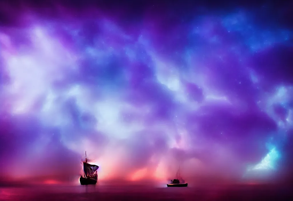 Prompt: purple color lighting storm with stormy sea, pirate ship pirate ship pirate ship firing its cannons trippy nebula sky 50mm shot fear and loathing movie