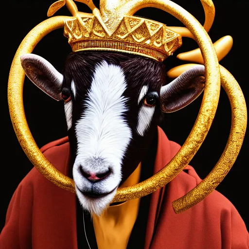 Image similar to Cinematic still of a sculpture of an anthropomorphic goat wearing a gold crown and royal robe, portrait, shallow depth of field, rap album cover