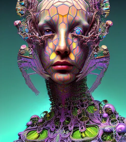 Prompt: artstation futuristic 3 d model of hyper - detailed beautiful groovypunk queen of dmt in full regal attire. face portrait. art nouveau!!!, symbolist, visionary, baroque, giant fractal details. horizontal symmetry by zdzisław beksinski, iris van herpen, raymond swanland and alphonse mucha. hyper - real, beautiful