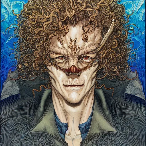 Image similar to portrait of crazy merlin, symmetrical, by yoichi hatakenaka, masamune shirow, josan gonzales and dan mumford, ayami kojima, takato yamamoto, barclay shaw, karol bak, yukito kishiro