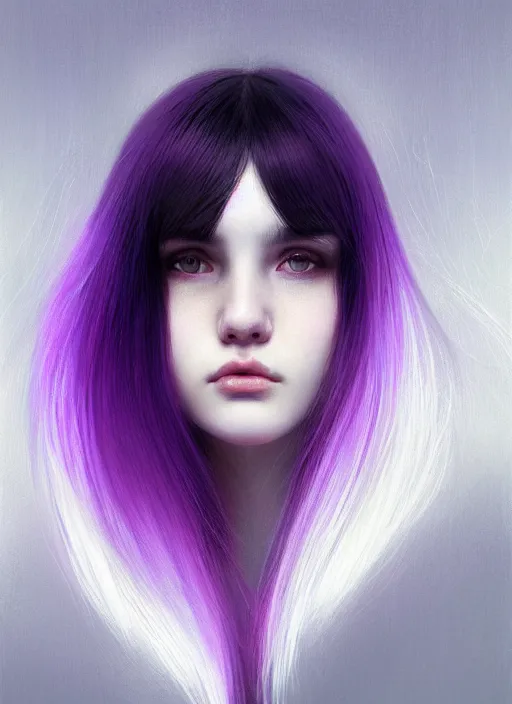 Image similar to hair whitebangs hair, black hair, whitebangs, portrait of teenage girl with white bangs, red irises, purple clothes, white bangs, bangs are different color from hair, intricate, elegant, glowing lights, highly detailed, digital painting, artstation, concept art, smooth, sharp focus, illustration, art by wlop, mars ravelo and greg rutkowski