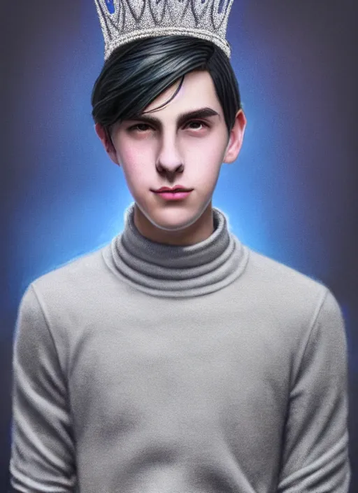 Image similar to portrait of teenage jughead jones wearing a light grey crown, crown, blue turtleneck, 1 9 5 0 s, closed eyes, photorealistic, black hair, glowing lighting, intricate, elegant, glowing lights, highly detailed, digital painting, artstation, concept art, smooth, sharp focus, illustration, art by wlop, mars ravelo and greg rutkowski