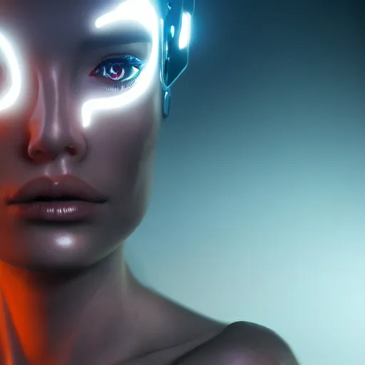 Prompt: cyborg lady with glowing eyes, trending on artstation, smooth, detailed, sharp focus, masterpiece, epic, realistic,volumetric lighting, great, uhd, 4k, by artstation