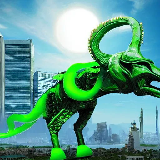 Prompt: Giant cybernetic alien camel blasting green energy laser from the mouth with city on its hump, while a giant floating octopus invades the city far in the distance, digital art