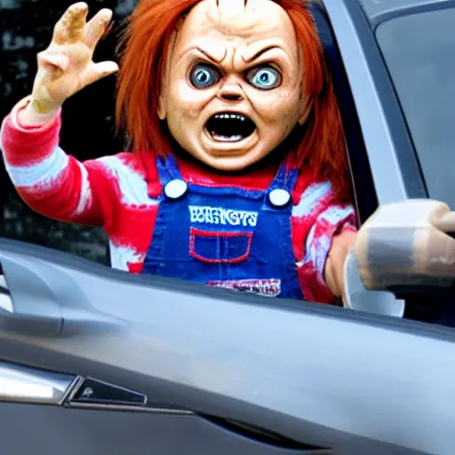 Image similar to chucky doll stuck in gridlock traffic and screaming