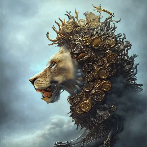 Prompt: a beautiful detailed 3 d matte portrait of a smoke lion, by ellen jewett, by tomasz alen kopera, ominous, magical realism, texture, intricate, skull, skeleton, gold coins, money, whirling smoke, alchemist bottles, radiant colors, fantasy, volumetric lighting, high details