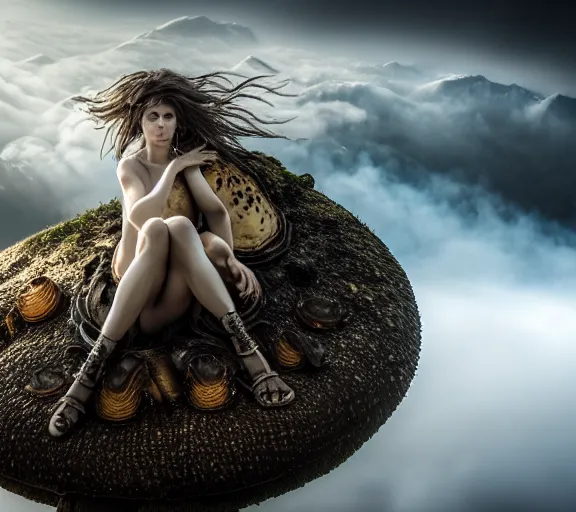 Image similar to a portrait photo of an armored female warrior sitting on the edge of a giant mushroom that covers a whole town and reaches above the clouds by luis royo. intricate. lifelike. soft light. sony a 7 r iv 5 5 mm. cinematic post - processing