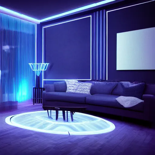 Prompt: futuristic looking living room, blue neon lights, contrasted, dark ambient, octane render