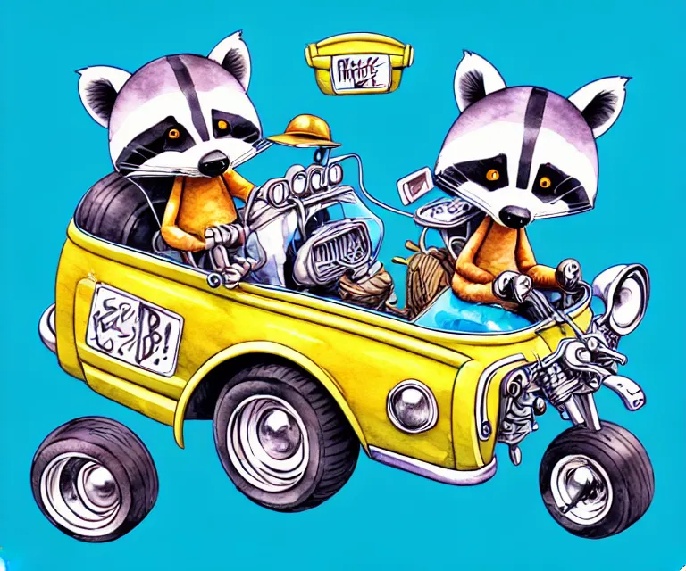 Image similar to cute and funny, racoon wearing a helmet riding in a tiny hot rod with oversized engine, ratfink style by ed roth, centered award winning watercolor pen illustration, isometric illustration by chihiro iwasaki, edited by range murata, tiny details by artgerm and watercolor girl, symmetrically isometrically centered, sharply focused