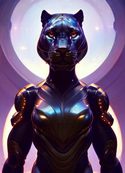 Image similar to portrait of a panther, sci - fi armour! muscular, glowing lights, intricate, elegant, highly detailed, digital painting, artstation, concept art, smooth, sharp focus, illustration, art by artgerm and greg rutkowski and alphonse mucha