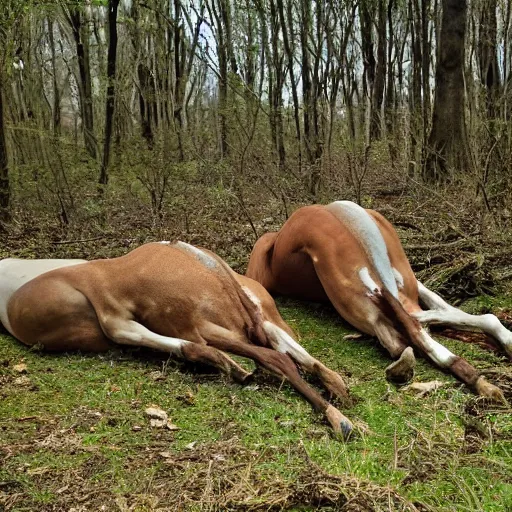 Image similar to two dead horses with some arrows on their body, lying on the woods path, dense thickets on each side, photo, 8 k