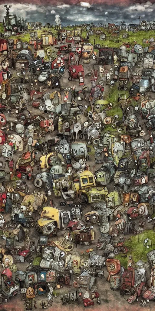 Image similar to a junkyard scene by alexander jansson and where's waldo