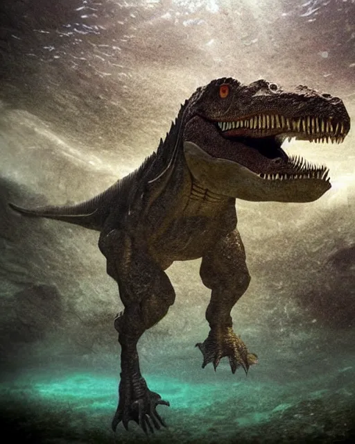 Prompt: enormous statue of Tyrannosaurus Rex in the middle of a sunken city, deep underwater
