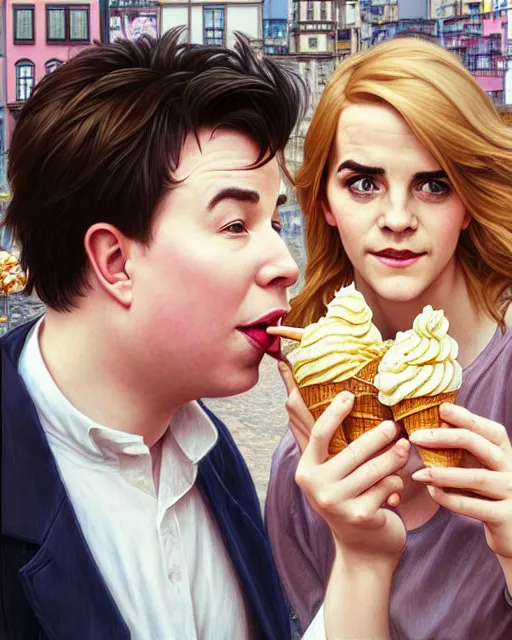 Prompt: Portrait of Michael Mcintyre & blonde Emma Watson eating ice creams in Porto,real life skin, intricate, elegant, highly detailed, artstation, concept art, smooth, sharp focus, art by artgerm and greg rutkowski and alphonse mucha