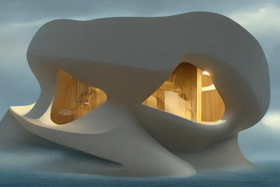 Image similar to a seashell house designed by snohetta, pinted in the style of john harris and moebius