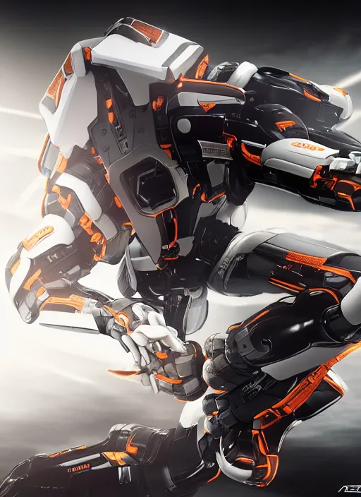 Image similar to a Photorealistic dramatic hyperrealistic full frame render of a Sleek futuristic exosuit Freedom Formula Racing Mech,Ultra realistic details,glossy white metal,Orange racing stripes,weathered surfaces,by Hidetaka Tenjin,Yoh Yoshinori,Yoji Shinkawa,Masamune Shirow,Beautiful dramatic dark moody tones and lighting,cinematic atmosphere,studio lighting,shadows,dark background, Octane render,8K