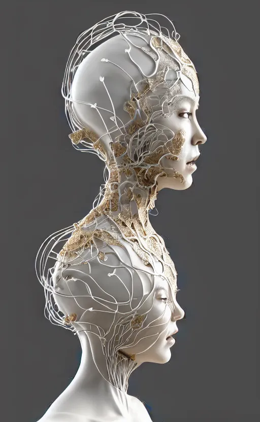 Image similar to complex 3d render of a beautiful porcelain profile woman face, vegetal dragon cyborg, 150 mm, beautiful natural soft light, rim light, silver gold details, magnolia leaves and stems, roots, fine lace, maze like, mandelbot fractal, anatomical, facial muscles, cable wires, microchip, elegant, highly detailed, white metallic armour, octane render, black and white, H.R. Giger style