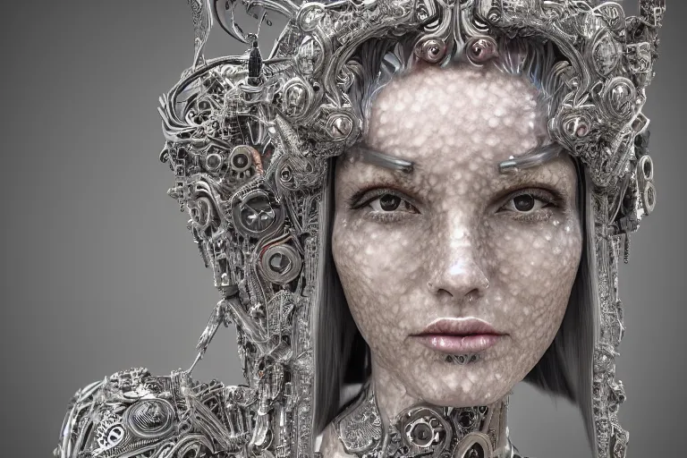 Prompt: beautiful frontal face portrait of a cute queen female cyborg, 150mm, chromatic aberration, Mandelbrot fractal, symmetric, steampunk, silver mechanical, intricate, elegant, highly detailed, ornate, ornament, sculpture, elegant , luxury, beautifully lit, ray trace, octane render in the style of peter gric and Alex grey,8K artistic photography, photo-realistic art station