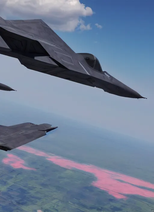 Image similar to hyperrealism, detailed textures, photorealistic 3 d, pilots view from runway of squad flying futuristic stealth fighter jets, flying ultra low over an endless plain of flamingos, ultra realistic, cinematic, intricate, cinematic light, unreal engine 8 k