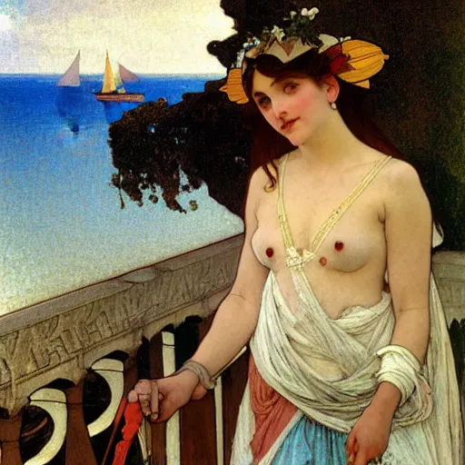 Image similar to A girl with jester hat and clothes on a greek archi circle on the front of a Balustrade with a beach and a sail boat on the background, major arcana cards, by alphonse mucha and arnold böcklin arnold böcklin arnold böcklin, paul delaroche, hyperrealistic 8k, very detailed