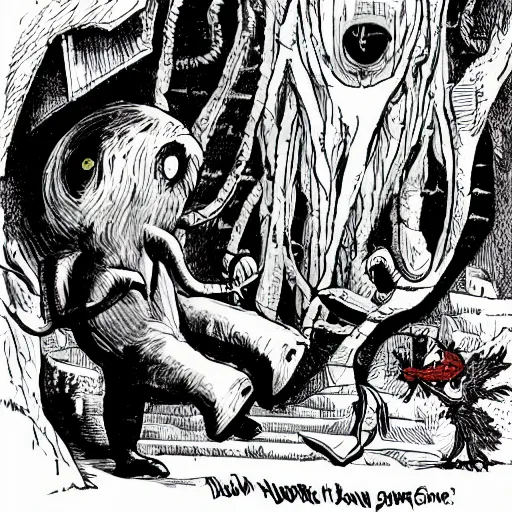 Prompt: beware the jubjub bird, and shun the frumious bandersnatch! | lewis carroll and hp lovecraft with doctor seuss and hr giger