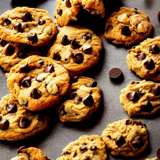 Image similar to a 5 0 mm macro shot of a chocolate chip and prawn cookie