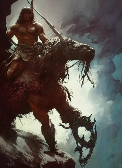 Image similar to conan the barbarian, intricate, elegant, highly detailed, vivid colors, john park, frazetta, sparth, ruan jia, jeffrey catherine jones