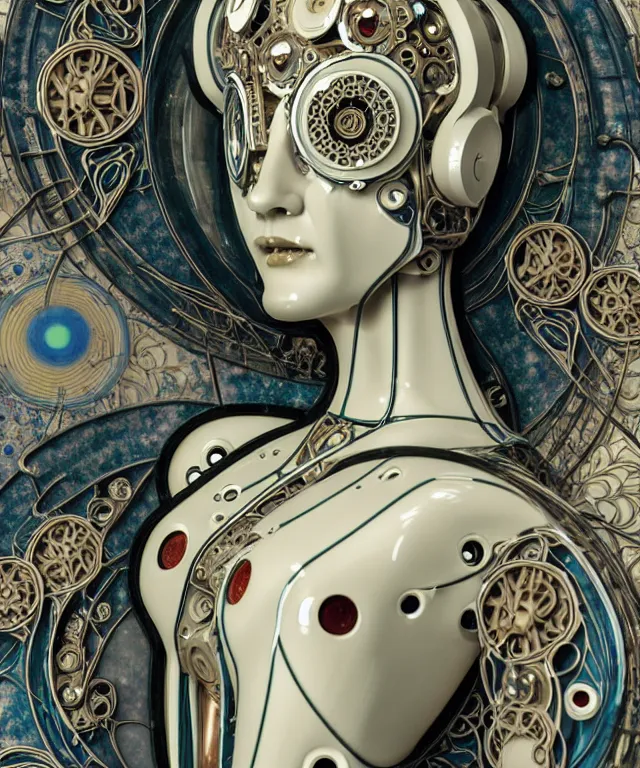 Prompt: beautiful cybernetic art nouveau robot, beautiful art nouveau porcelain face + body is clear plastic, inside organic robotic tubes and parts, front facing, wearing translucent baroque rain - jacket + symmetrical composition + intricate details, hyperrealism, wet, reflections + by alfonse mucha and moebius, no blur dof bokeh