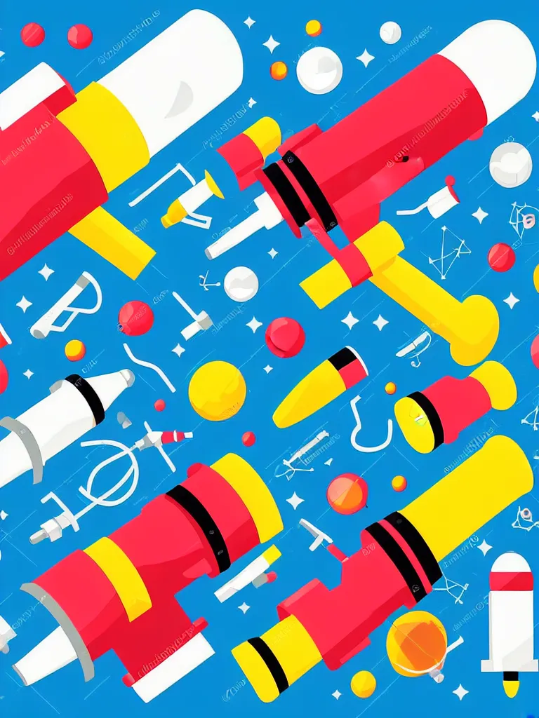 Image similar to editorial illustration scientific lab test tube telescope microscope spaceship, colorful modern, mads berg