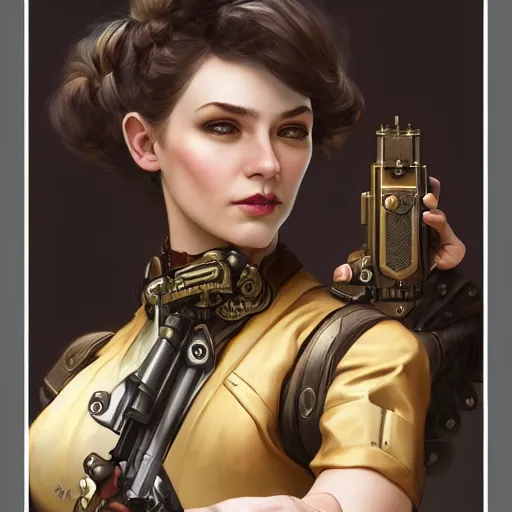 Image similar to Three quarters portrait of a beautiful steampunk female holding gun, highly detailed, digital painting, art by Stanley Lau and Artgerm and magali villeneuve and Alphonse Mucha, artstation, octane render, cgsociety