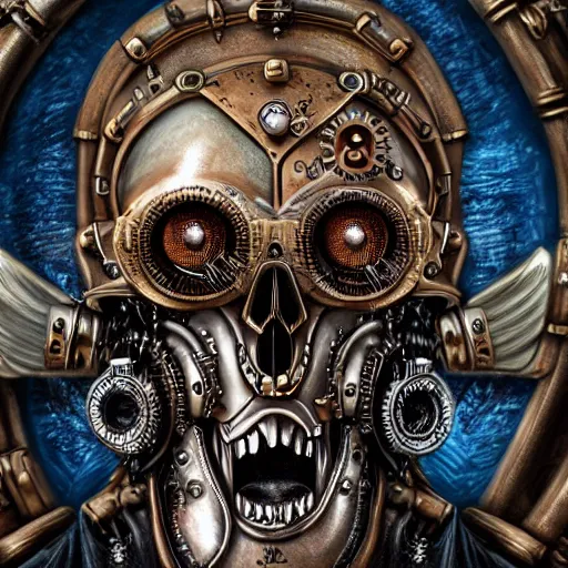 Image similar to steampunk death god, ultra detailed, up close, portrait, metal, maximalist