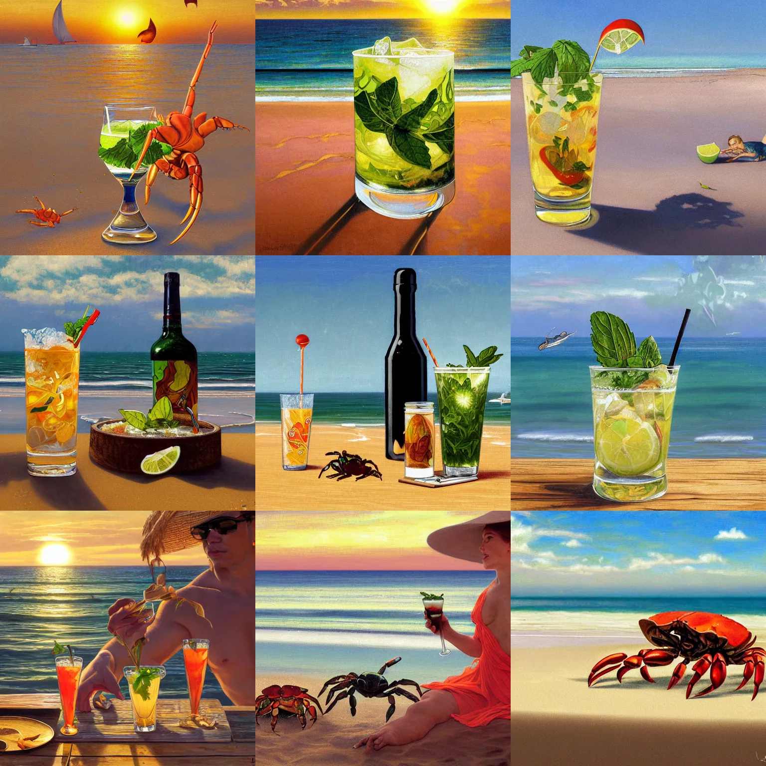 Prompt: a crab drinking a mojito at the beach, golden hour, depth of field, zeiss lens, detailed, centered, digital painting, artstation, concept art, donato giancola, Dante Gabriel Rossetti, alphonse mucha, Joseph Christian Leyendecker, WLOP, Boris Vallejo, Annie Leibovitz and Steve McCurry, David Lazar, Jimmy Nelsson, Breathtaking, 8k resolution, extremely detailed, beautiful, establishing shot, artistic