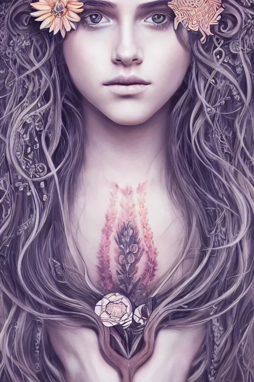 Image similar to a symmetrical portrait with esoteric symbols on the skin and flowers in the hair, intricate, hyperrealistic, concept art, digital art