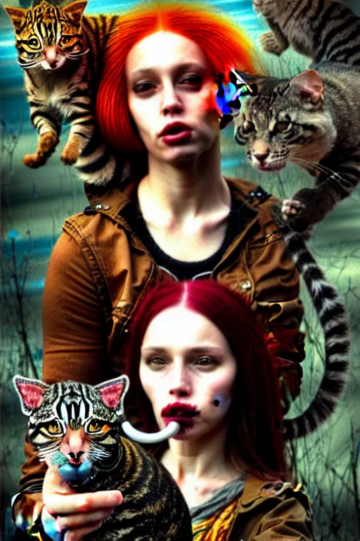 Prompt: punk rock girls making selfie mouth open with kind cats in jungle , mad max jacket, post apocalyptic, renaissance, highly detailed, digital painting, oil painting by Leonardo Da Vinci, hyper realistic style, fantasy by Olga Fedorova