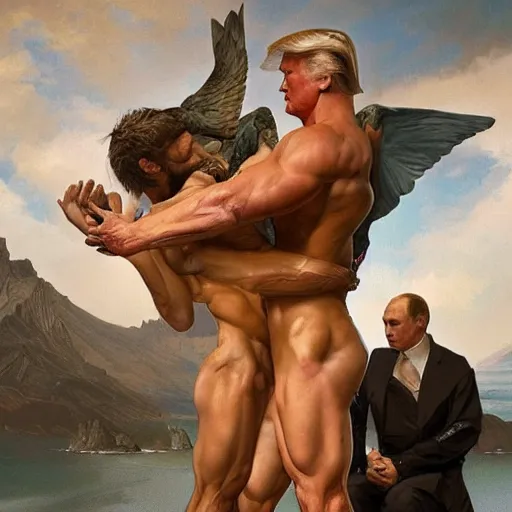 Image similar to President Donald J Trump and vladimir putin making out as a Greek gods, detailed faces, gorgeous, amazing, muscular, fit, very muscular male body, intricate, highly detailed, digital painting, artstation, concept art, sharp focus, illustration, art by greg rutkowski and alphonse mucha