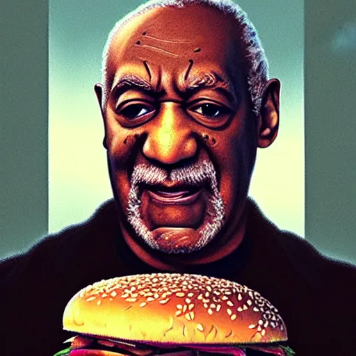 Prompt: portrait of Bill Cosby eating hamburger, extra onions and ketchup, luscious patty with sesame seeds, feminine ethereal, delicate fingers, subsurface scattering skin, handsome, D&D, fantasy, intricate, elegant, highly detailed, digital painting, artstation, concept art, matte, sharp focus, illustration, art by Artgerm and Greg Rutkowski and Alphonse Mucha