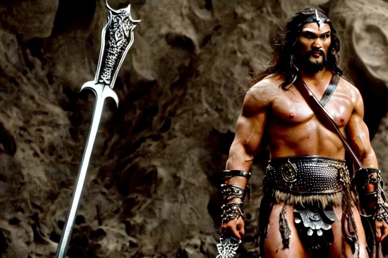 Image similar to 7 0 mm film still from conan the barbarian, jason momoa as conan with a giant sword wearing ornate dragon armor in the wet catacombs of skulls and snakes, cinematic, volumetric lighting, mist, wet skin and windblown hair, muscular!!!, heroic masculine pose, ridley scott