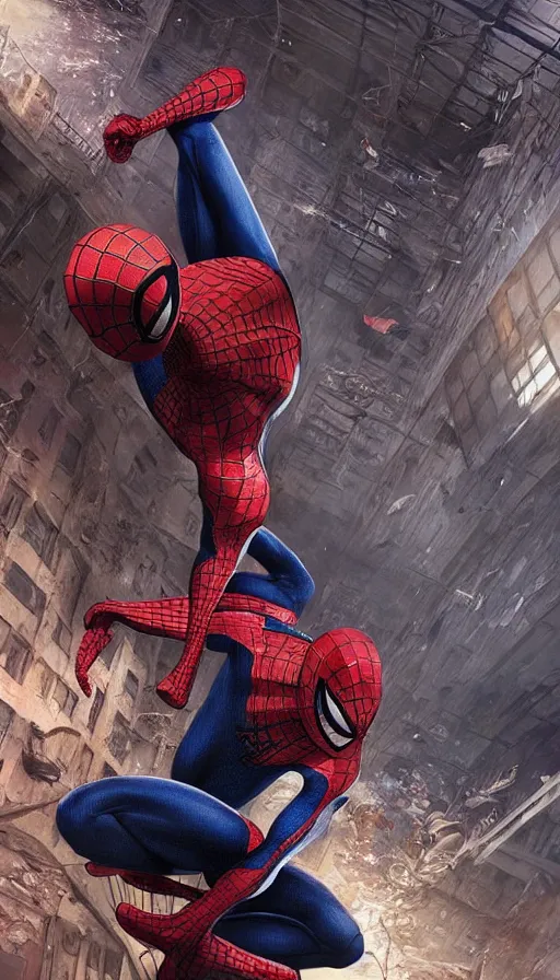 Prompt: beautiful illustration of spiderman fighting venom in a abandoned warehouse by guweiz and artgerm, cinematic lighting, epic composition, rule of thirds, golden ratio