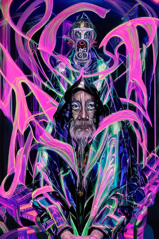 Image similar to a highly detailed beautiful masterpiece portrait painting of a technomancer wizard in dazzle camouflage robes with pointed hood facetiming his AI djinn hologram in his laboratory near a holographic super-computer by Remedios Varo and Anato Finnstark and Greg Rutkowski and Andy Warhol, dayglo pink, dayglo blue, prismatic, pearlescent white, raven black, glowing, hyperrealism, 8k, trending on ArtStation, rendered in Octane, rendered in Unreal engine, award winning, volumetric lighting, fisheye lense