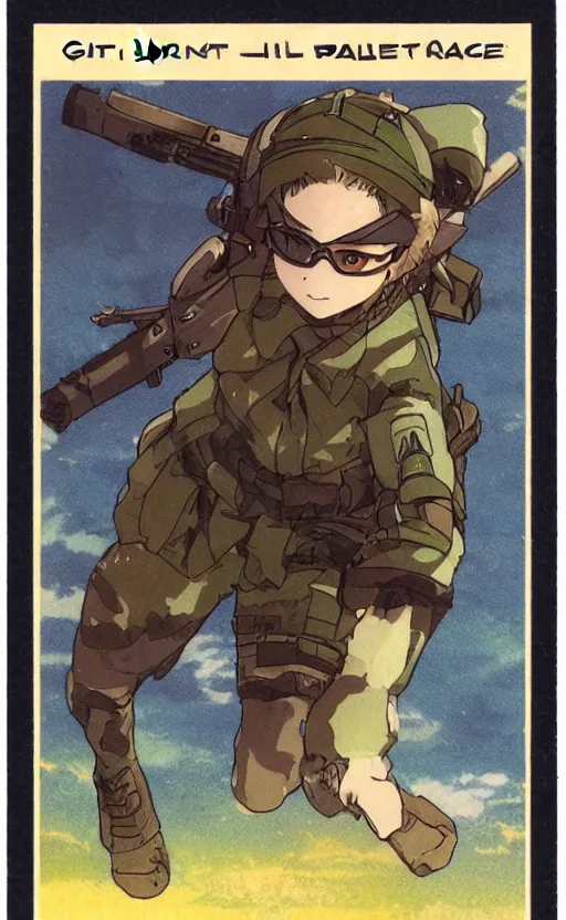 Image similar to girl, trading card front, soldier clothing, combat gear, ghibli face, illustration, by ufotable studio, green screen