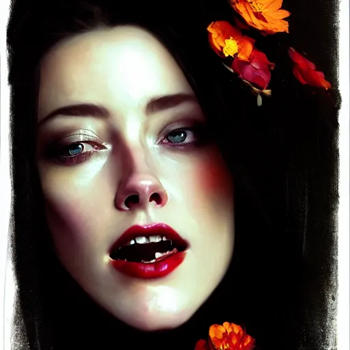 Prompt: hyperrealistic portrait of a woman as amber heard as a vampire witch grin in a black coat closing a window over the shoulder shot among falling petals. by jeremy mann and alphonse mucha, fantasy art, photo realistic, dynamic lighting, artstation, poster, volumetric lighting, very detailed faces, 4 k, award winning