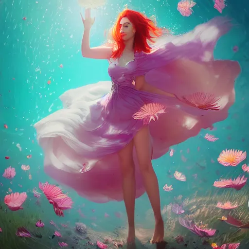 Prompt: Triss Merigold in a swirling sundress of flowers, underwater, floral explosion, radiant light, vortex of plum petals, by WLOP, Beeple and artgerm, artstation, deviantart